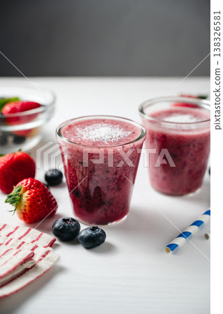 Berry smoothie in glasses, made from fresh fruits, healthy eating, copy space Berry smoothie in glasses, made from fresh fruits, healthy eating, copy space 138326581
