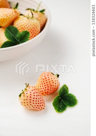 White pink strawberry, berry fruits with leaves on white background, copy space White pink strawberry, berry fruits with leaves on white background, copy space 138326601