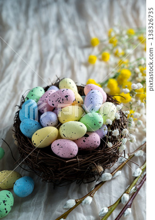 Easter mini decorative eegs in a nest with willow twigs, bright background Easter mini decorative eegs in a nest with willow twigs, bright background 138326735