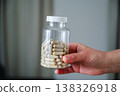 Woman holding a bottle with capsules pills. Prescription medication, treatment sickness, seasonal cold flu concept 138326918