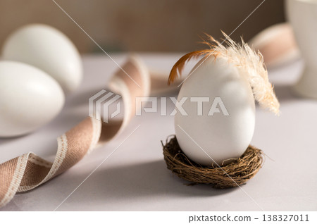 Easter holiday. White egg in a nest with a feather, bright minimalistic background 138327011