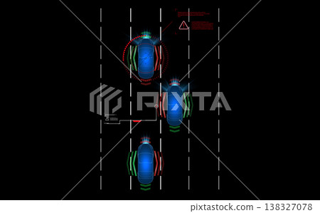 Futuristic top view of cars with autonomous driving technology. A glowing HUD interface shows sensor data for lane assistance, blind spot monitoring, red collision warnings. Concept for AI safety Futuristic top view of cars with autonomous driving technology. A glowing HUD interface shows sensor data for lane assistance, blind spot monitoring, red collision warnings. Concept for AI safety 138327078