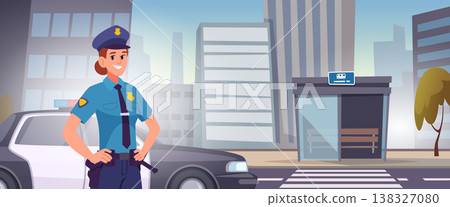 Police officer. Professional female police worker in uniform exact vector cartoon background template 138327080