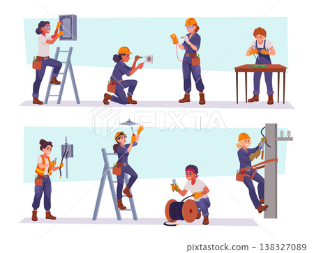 Electricians. Female profession characters in job exact vector electricians working 138327089