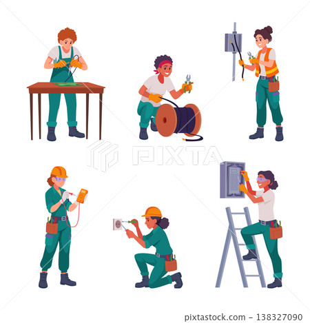 Female electricians. Different equipment for electricians worker exact vector female professional characters 138327090