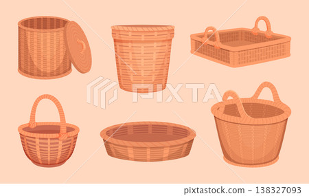 Wicker basket. Different bowls set from natural materials exact vector illustrations set 138327093