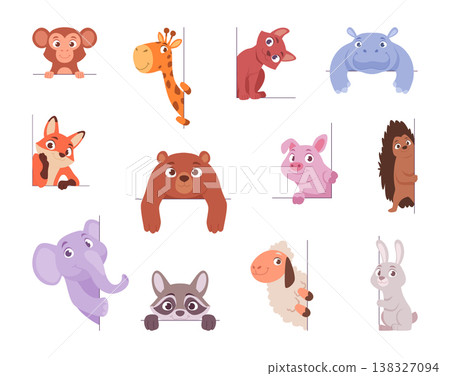 Peeking animals. Cartoon funny animals looking out exact vector illustrations 138327094