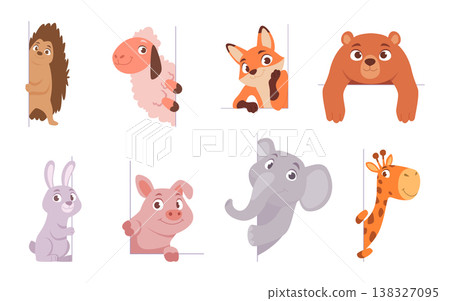 Peeking animals. Different cute characters looking out exact vector banners template 138327095