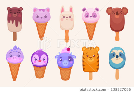 Animals ice cream. Tasty frozen stick from cartoon animals heads exact vector illustration set Animals ice cream. Tasty frozen stick from cartoon animals heads exact vector illustration set 138327096