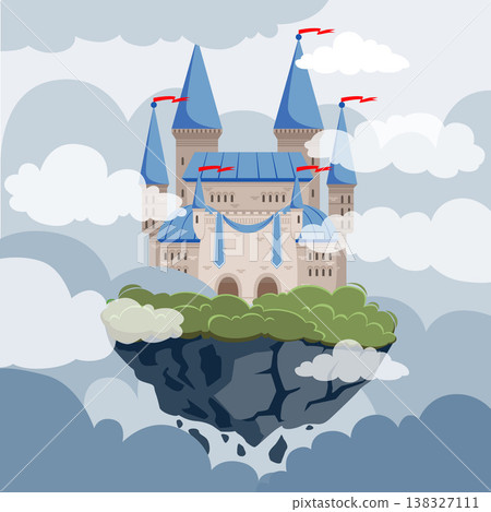 Castle in clouds. dark fantasy background with fairy tale castle on flying island Castle in clouds. dark fantasy background with fairy tale castle on flying island 138327111