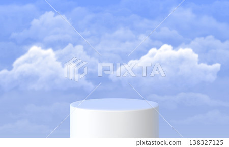 A white cylindrical podium for product presentation against a blue sky with fluffy clouds. A white cylindrical podium for product presentation against a blue sky with fluffy clouds. 138327125