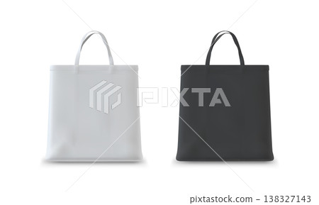 Set of realistic black and white fabric shopper bags with handles, front view. Set of realistic black and white fabric shopper bags with handles, front view. 138327143
