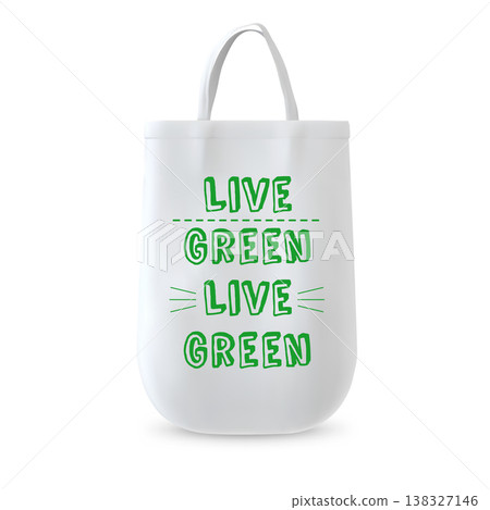 White shopper bag mockup with the green inscription "LIVE GREEN" on a white isolated background. 138327146