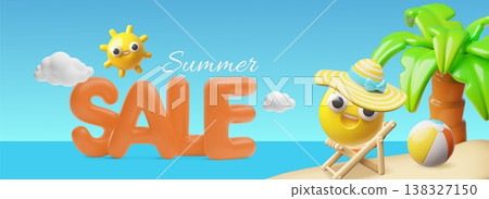 Summer shopping sale 3D vector marketing design, cartoon smiley emoticon in hat on beach chair on the tropical island 138327150