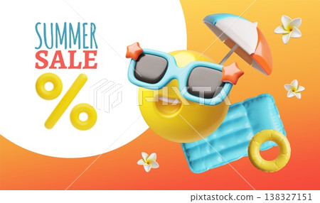 3D banner with a smiley face wearing glasses, a mattress, an umbrella and "SUMMER SALE". 138327151