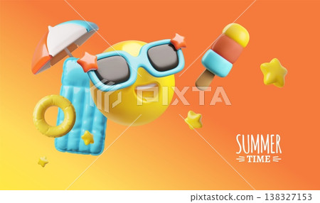 3D banner featuring a smiley face in sunglasses, ice cream, beach umbrella, and mattress. 3D banner featuring a smiley face in sunglasses, ice cream, beach umbrella, and mattress. 138327153
