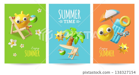 A 3D poster set featuring a sun and a smiley face, a lounge chair, a palm tree, and a mattress. A 3D poster set featuring a sun and a smiley face, a lounge chair, a palm tree, and a mattress. 138327154