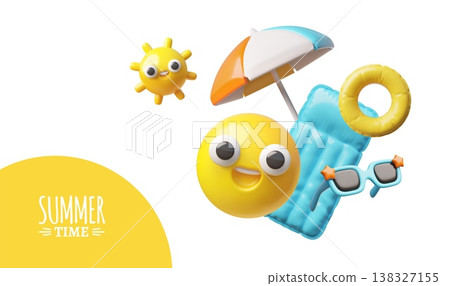 Summer time 3D vector banner design, happy sun and smiley emoticons, beach umbrella, sunglasses, inflatable mattress Summer time 3D vector banner design, happy sun and smiley emoticons, beach umbrella, sunglasses, inflatable mattress 138327155