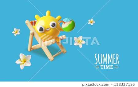 Summer time 3D plastic style vector banner design, cartoon happy sun smiley emoticon on beach chair and coconut cocktail Summer time 3D plastic style vector banner design, cartoon happy sun smiley emoticon on beach chair and coconut cocktail 138327156