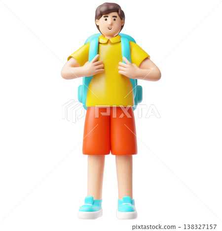 A 3D render of a young traveler wearing a T-shirt and shorts and a blue backpack. 138327157
