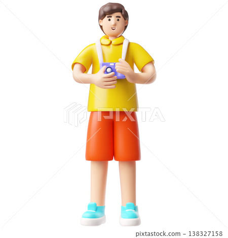 A 3D character of a tourist with a camera in bright summer clothes. 138327158