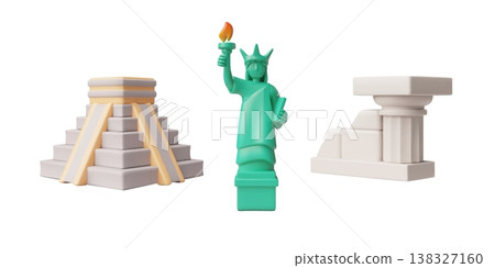 A set of 3D landmarks, including a Mayan pyramid, the Statue of Liberty, and an ancient column. 138327160