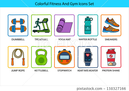 Colorful fitness and gym icons set with dumbbell treadmill yoga mat isolated on white background Colorful fitness and gym icons set with dumbbell treadmill yoga mat isolated on white background 138327166