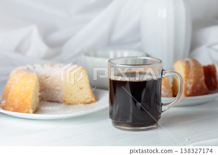 Easter cake sprinkled with powdered sugar and black coffee. Easter cake sprinkled with powdered sugar and black coffee. 138327174