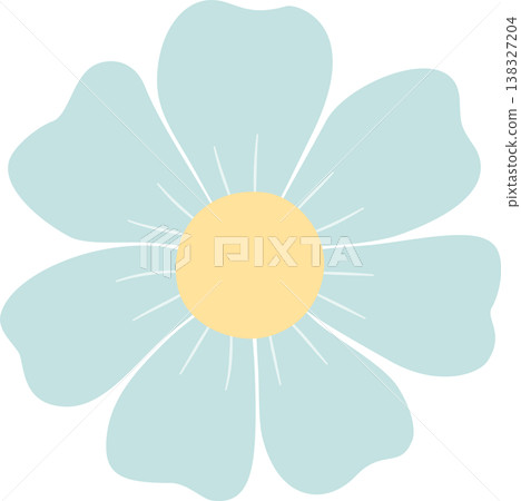 Minimalist Light Blue Spring Flower Illustration, Cute Pastel Periwinkle Blossom with Yellow Center, Hand Drawn Flat Floral Element Isolated on Transparent Background 138327204