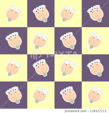 Seamless Floral Checkerboard Pattern, Cute Orange Flower Illustration on Yellow and Purple Plaid Background, Modern Geometric Seamless Floral Checkerboard Pattern, Cute Orange Flower Illustration on Yellow and Purple Plaid Background, Modern Geometric 138327213