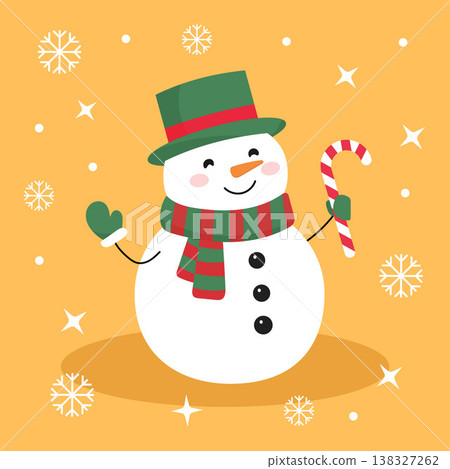 Snowman with candy cane festive winter Christmas sweet holiday character 138327262