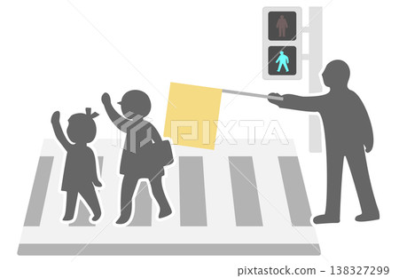 An illustration of silhouettes of a child crossing a pedestrian crossing and a person holding a flag. 138327299