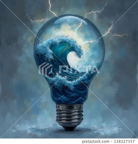 A lightbulb containing ocean waves and lightning striking above a stormy sky. A lightbulb containing ocean waves and lightning striking above a stormy sky. 138327357