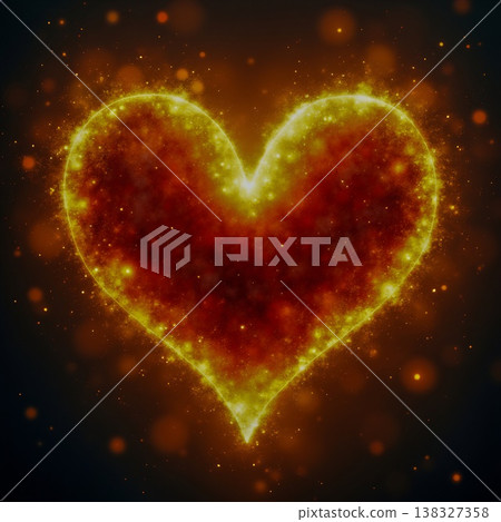 Glowing fiery heart with sparkling particles and bokeh effect on dark background. Glowing fiery heart with sparkling particles and bokeh effect on dark background. 138327358