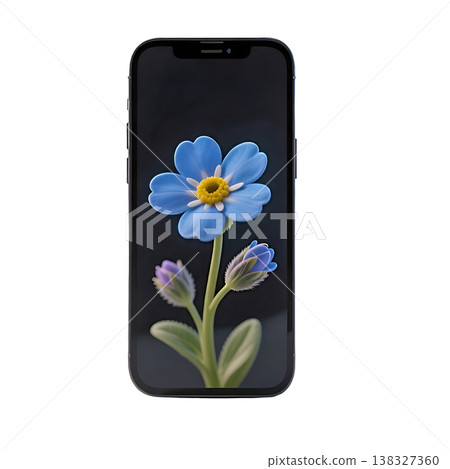 A single blue forget me not flower displayed on a modern smartphone screen isolated. A single blue forget me not flower displayed on a modern smartphone screen isolated. 138327360