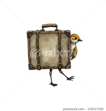 Anthropomorphic suitcase with bird legs and head on transparent background. 138327380