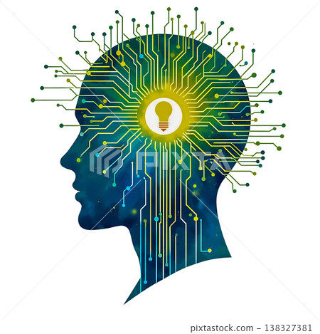 Artificial intelligence profile with circuit board pattern and light bulb idea concept p. Artificial intelligence profile with circuit board pattern and light bulb idea concept p. 138327381