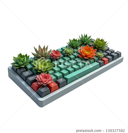 Artistic mechanical keyboard with succulent plants growing between keys on gray background. Artistic mechanical keyboard with succulent plants growing between keys on gray background. 138327382