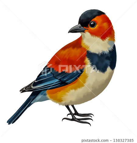 Beautiful colorful bird perched with bright orange body and blue wings looking right. Beautiful colorful bird perched with bright orange body and blue wings looking right. 138327385