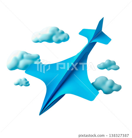 Blue paper airplane flying through white cartoon clouds isolated on transparent background. 138327387