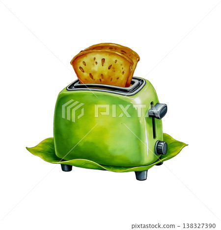 Bright green retro toaster with toasted bread and leaf shaped plate on transparent background. Bright green retro toaster with toasted bread and leaf shaped plate on transparent background. 138327390