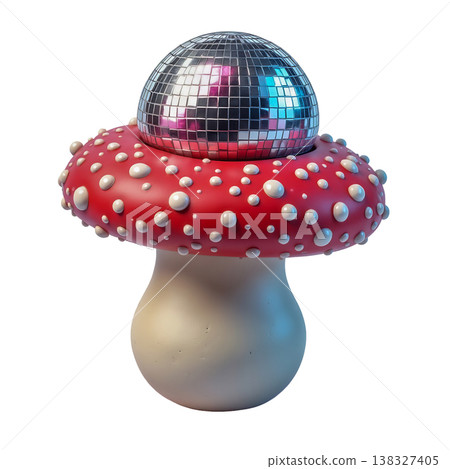 Creative mushroom with disco ball cap isolated on transparent background for party concept. 138327405