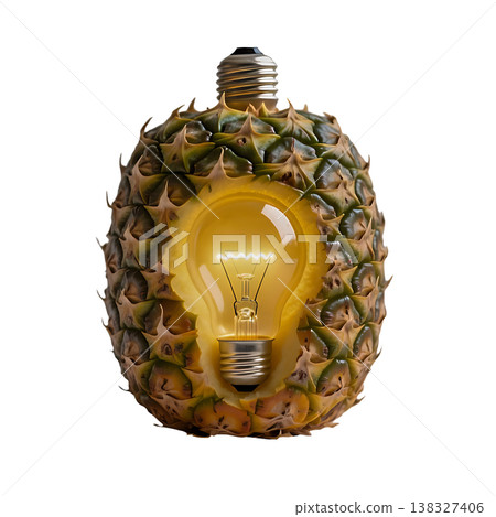 Creative pineapple light bulb hybrid concept showing glowing filament inside fruit shell. 138327406