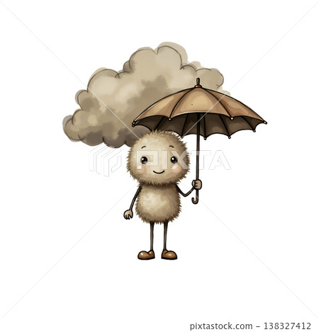 Cute fuzzy creature holding an umbrella under a large, soft watercolor cloud. Cute fuzzy creature holding an umbrella under a large, soft watercolor cloud. 138327412
