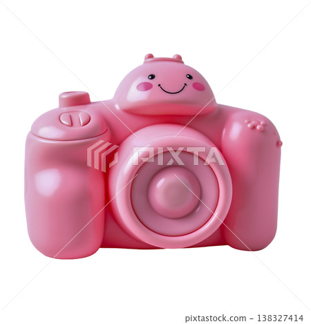 Cute pink toy camera for kids with smiling face character on top isolated for photography. 138327414