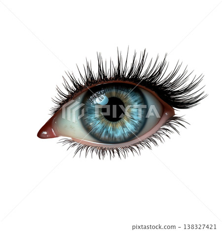 Detailed human blue eye with long black eyelashes and realistic iris reflection on surface. 138327421