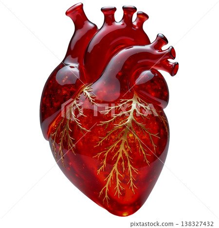 Glass heart anatomy medical science art red translucent organ intricate gold veins internal structure. Glass heart anatomy medical science art red translucent organ intricate gold veins internal structure. 138327432