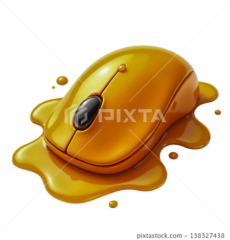 Golden computer mouse melting on surface with liquid dripping on transparent background. Golden computer mouse melting on surface with liquid dripping on transparent background. 138327438