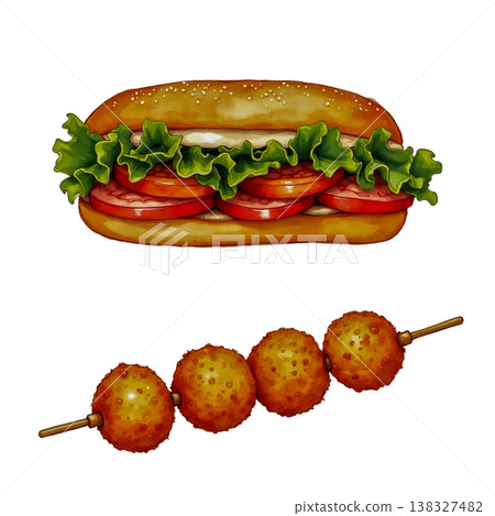 Hamburger and fried meatballs on skewers isolated on transparent background vector illustration. Hamburger and fried meatballs on skewers isolated on transparent background vector illustration. 138327482