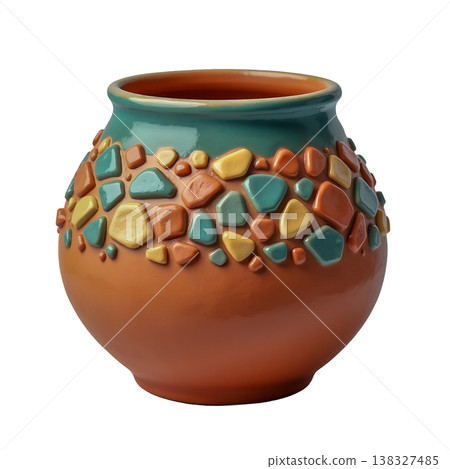 Handcrafted ceramic clay pot decorated with colorful mosaic stones on turquoise neck band. Handcrafted ceramic clay pot decorated with colorful mosaic stones on turquoise neck band. 138327485